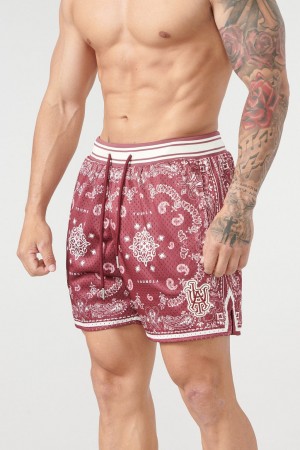 Men's YoungLA 132 Infamous Bandana Shorts Burgundy | 719-ISCUYV