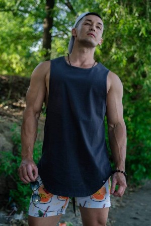 Men's YoungLA 308 Muscle Tanks Navy | 498-KGPTRJ