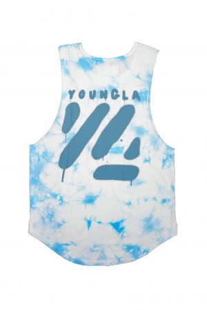 Men's YoungLA 321 Tie Dye Bloc Cut Off Tanks Blue | 453-QSBZJK