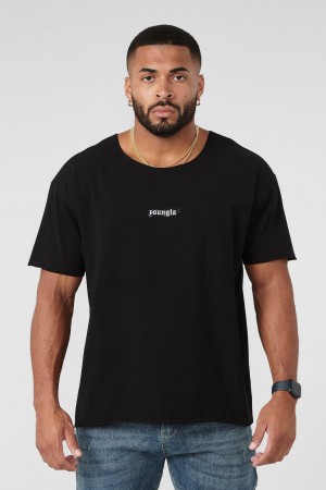 Men's YoungLA 409 - Raw Neck T Shirts Black | 431-HASNBD