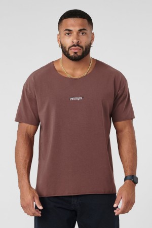 Men's YoungLA 410 - Raw Neck T Shirts Brown | 935-XTRWGZ