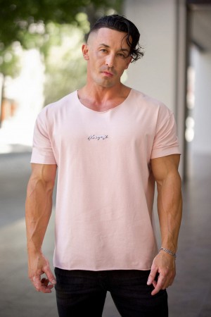 Men's YoungLA 412 - Raw Neck T Shirts Pink | 780-QOEIFX