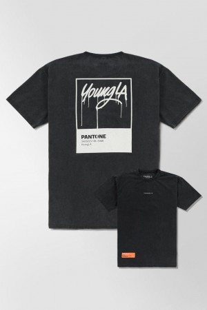 Men's YoungLA 449 Washed Drip T Shirts Black | 156-NBYLRG