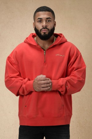 Men's YoungLA 509 Rivet Quarter Zip Hoodie Red | 613-KWQJST