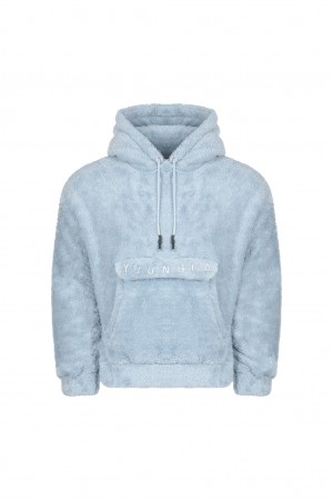 Men's YoungLA 538 Kangaroo Teddy Fleeces Hoodie Blue | 461-GWDQMT