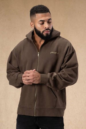 Men's YoungLA 546 Rivet Zipups Hoodie Brown | 083-VINEJC