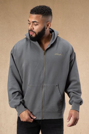 Men's YoungLA 546 Rivet Zipups Hoodie Grey | 387-YMWRDI