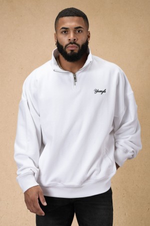 Men's YoungLA 558 Supersized G Quarter Zip Hoodie White | 541-NZEGMK