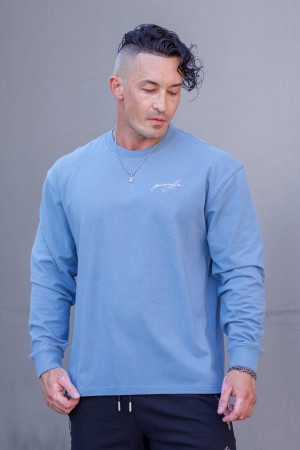 Men's YoungLA 805 Essential Longsleeves Sweatshirt Blue | 846-LYEDMQ