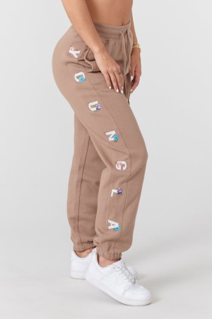 Women's YoungLA W203 Winter Bloom Joggers Light Brown | 674-UWAYXR