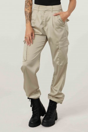 Women's YoungLA W217 Gloria Satin Cargo Joggers Beige | 382-OPHYJN