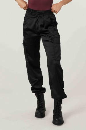 Women's YoungLA W217 Gloria Satin Cargo Joggers Black | 645-SFADPU