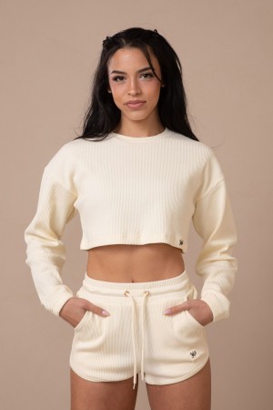 Women's YoungLA W413 Peachy Cropped Long Sleeve Tops Cream | 685-TQBFEI