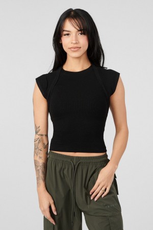 Women's YoungLA W414 Luxe Ribbed Tops Black | 984-NMUTXI