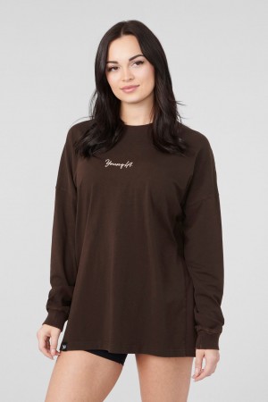 Women's YoungLA W416 Retro Long Sleeve Fall 23 Tops Brown | 869-SAWEQJ