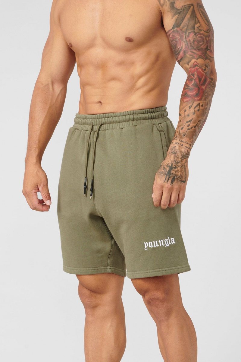 Men\'s YoungLA 112 - Baggy Sweat Shorts Olive | 348-PBWJXV