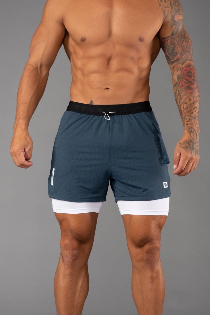 Men\'s YoungLA 121 Performance Line Compression Shorts Blue | 623-NPGOAQ