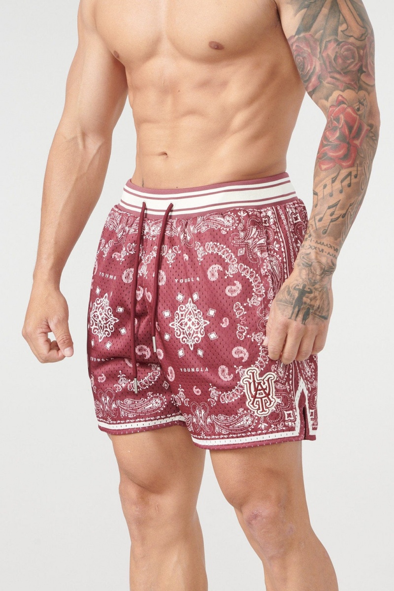 Men\'s YoungLA 132 Infamous Bandana Shorts Burgundy | 719-ISCUYV