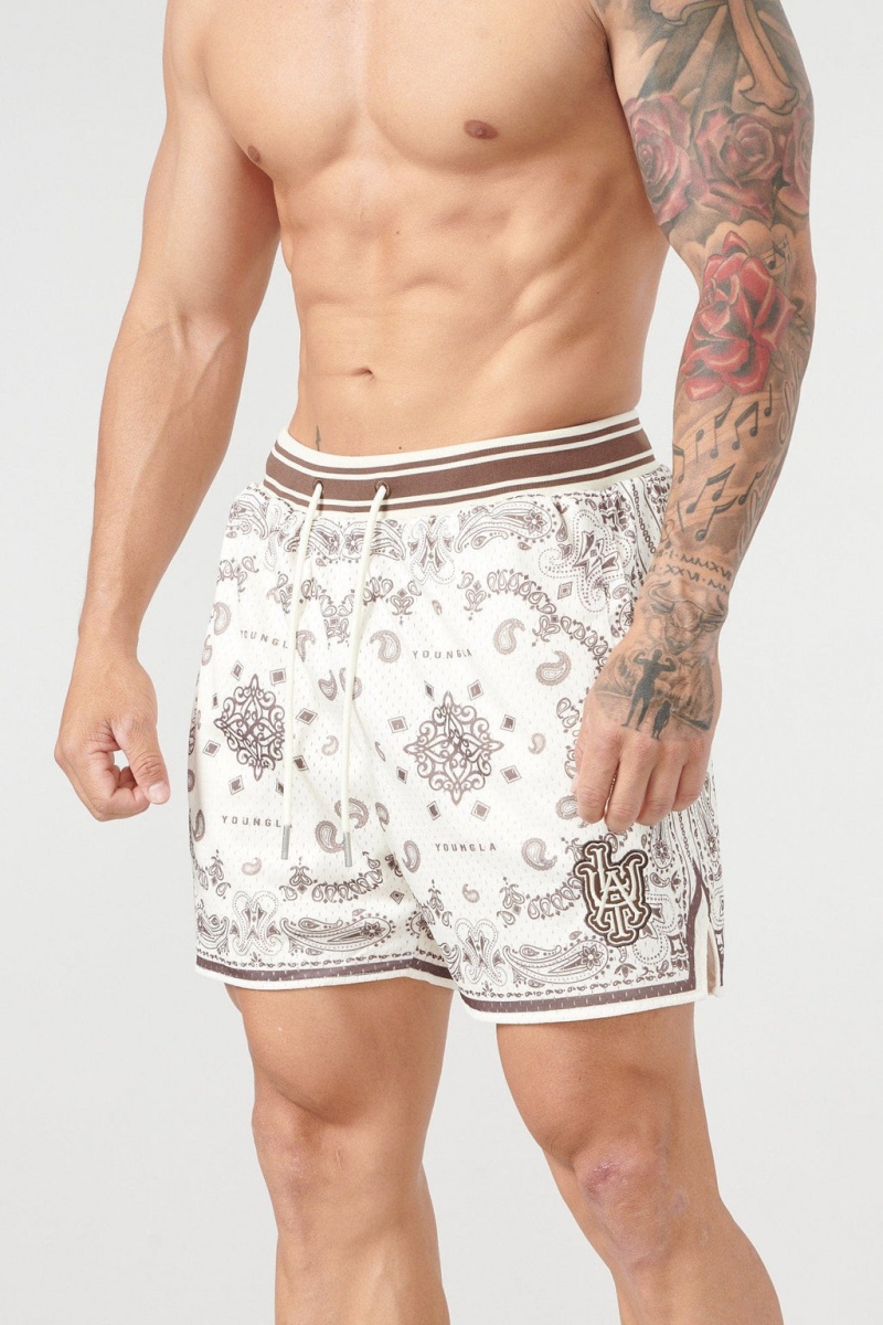 Men\'s YoungLA 132 Infamous Bandana Shorts Chocolate | 027-UKONIT