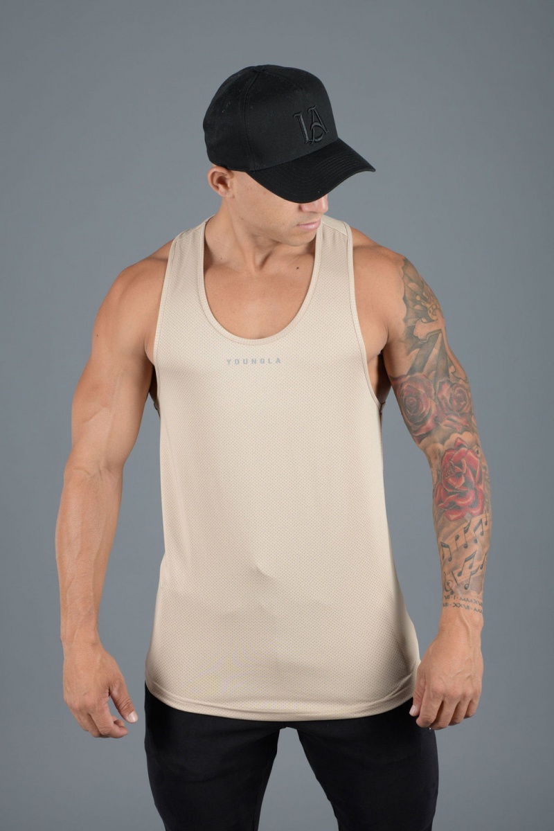 Men\'s YoungLA 305 Performance Line Tanks Beige | 685-NWQXGD