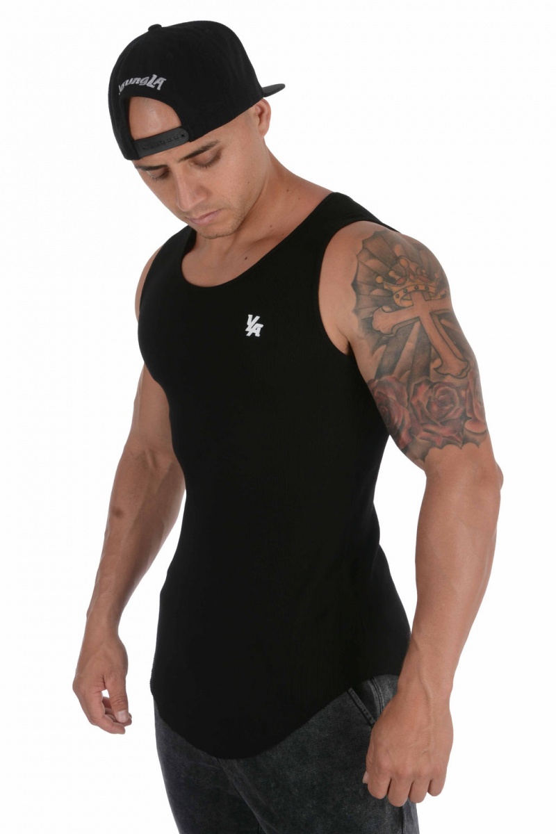 Men\'s YoungLA 314 Scoop Bottom Ribbed Tanks Black | 203-PJHTCA