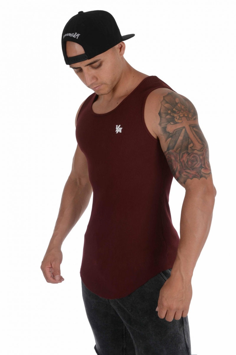 Men\'s YoungLA 314 Scoop Bottom Ribbed Tanks Burgundy | 401-XAHTLK