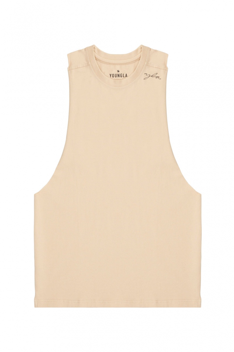 Men\'s YoungLA 338 Offset Delt Tanks Beige | 927-EIHWYP