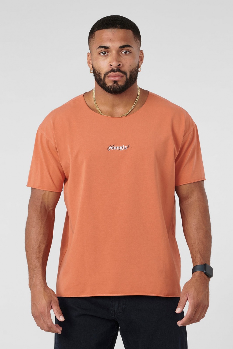 Men\'s YoungLA 411 - Raw Neck T Shirts Orange | 721-ZJDOWQ