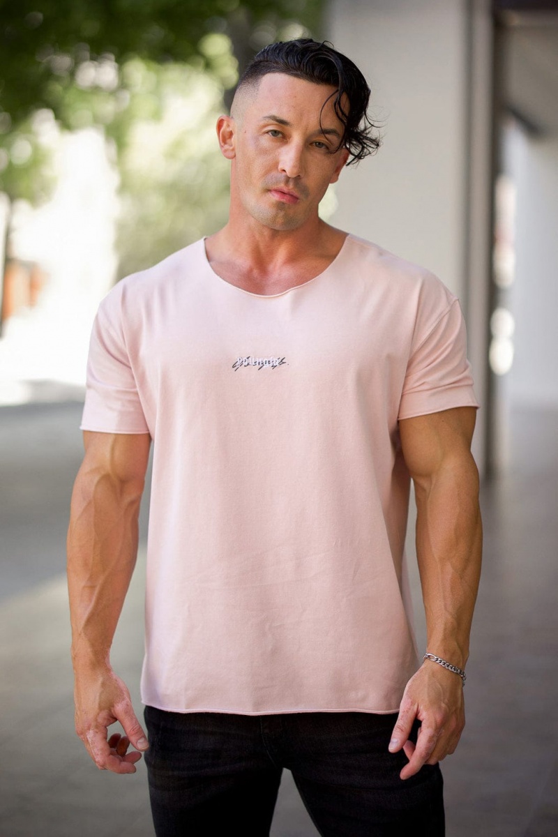 Men\'s YoungLA 412 - Raw Neck T Shirts Pink | 780-QOEIFX