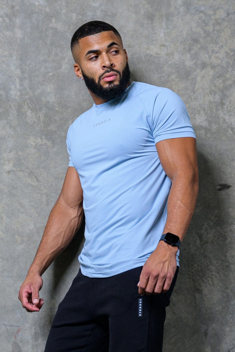 Men\'s YoungLA 440 Performance Line Short Sleeve Shirts Blue | 057-USXDGY