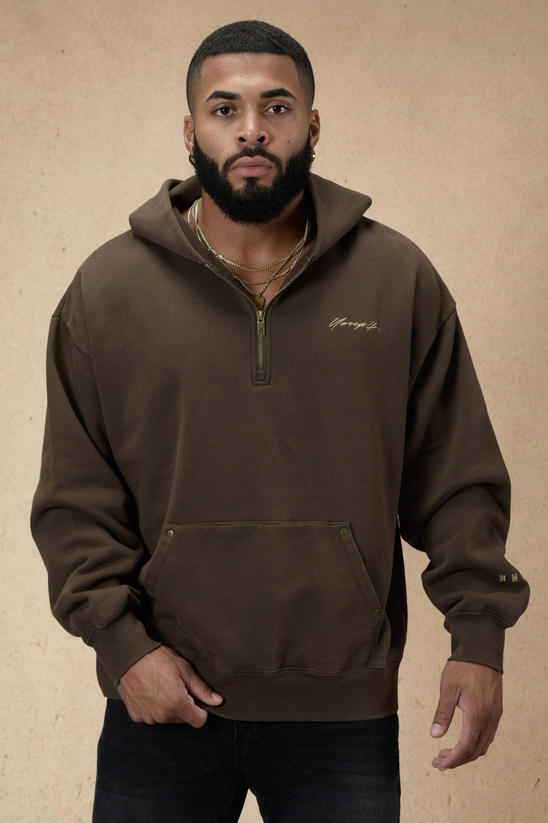 Men\'s YoungLA 509 Rivet Quarter Zip Hoodie Brown | 657-RCKLIN