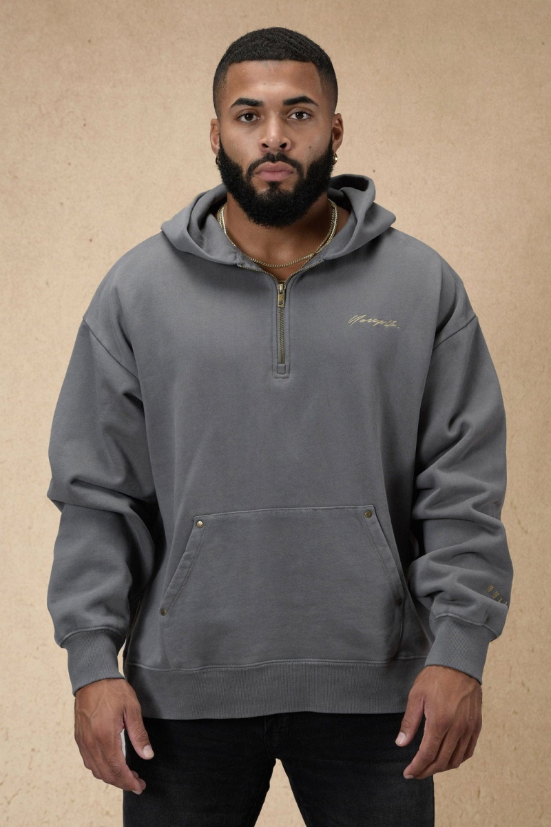 Men\'s YoungLA 509 Rivet Quarter Zip Hoodie Grey | 180-CNSUZX