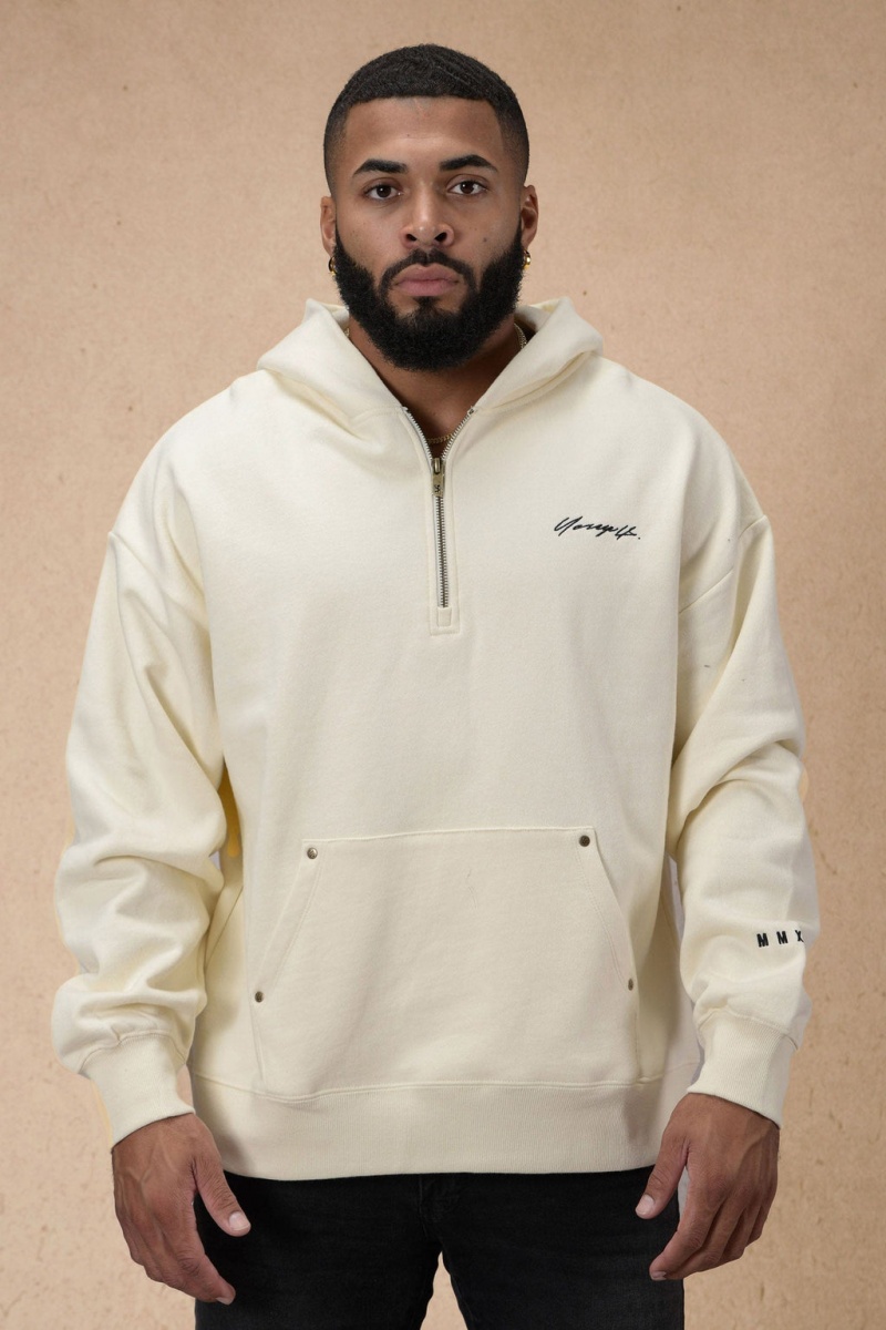 Men\'s YoungLA 509 Rivet Quarter Zip Hoodie Cream | 756-ZFMXGS