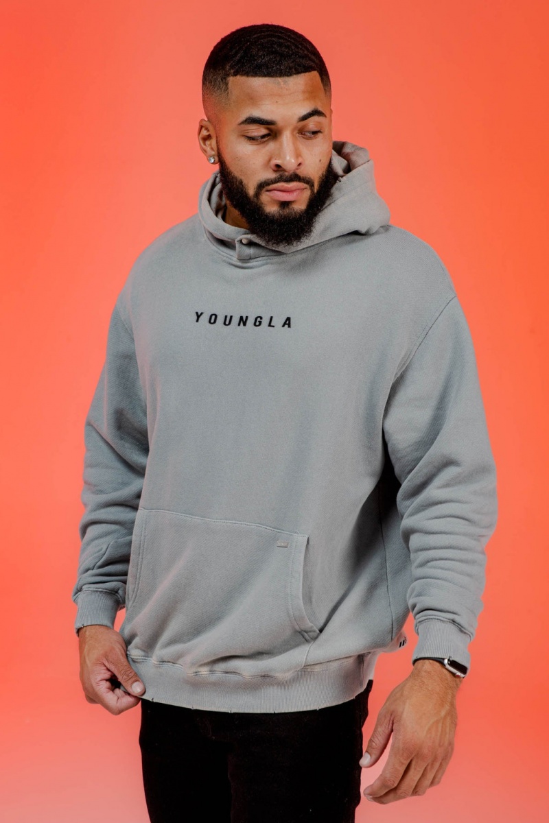 Men\'s YoungLA 535 Monarch Pullovers Hoodie Grey | 395-JWCSYZ