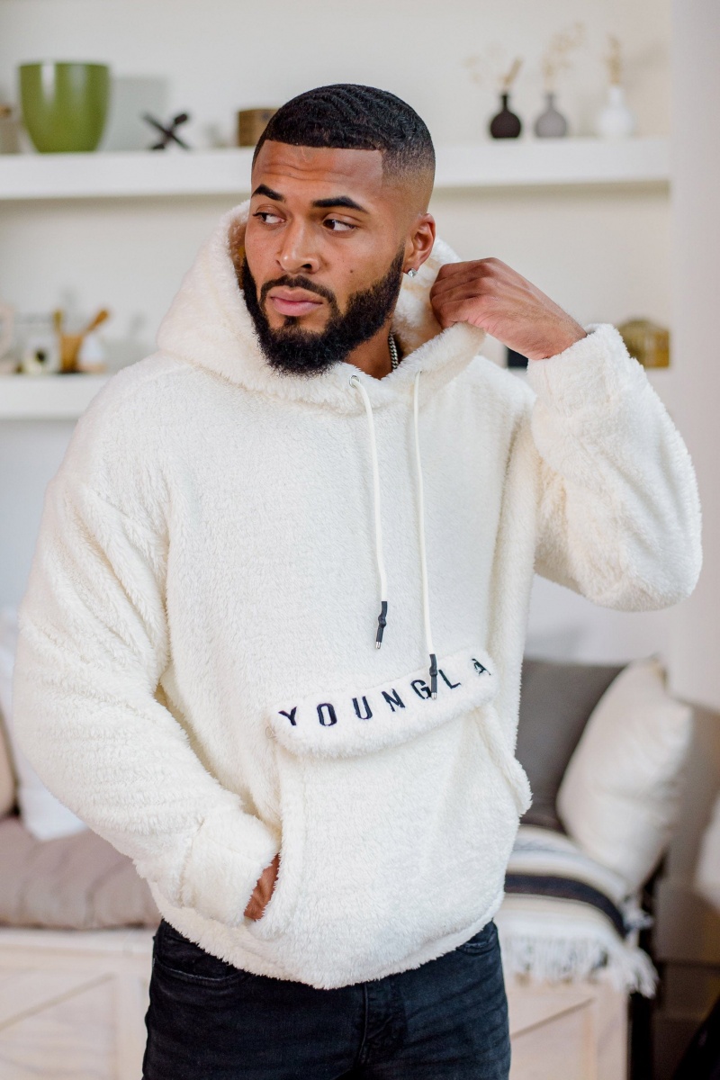 Men\'s YoungLA 538 Kangaroo Teddy Fleeces Hoodie White | 549-YVRXEF