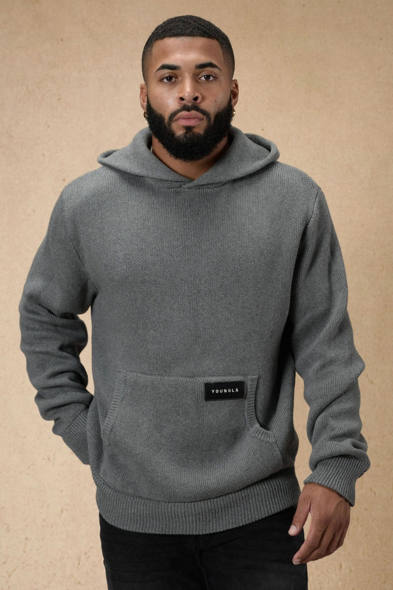 Men\'s YoungLA 547 Mojave Knitteds Hoodie Grey | 924-VCJKYL