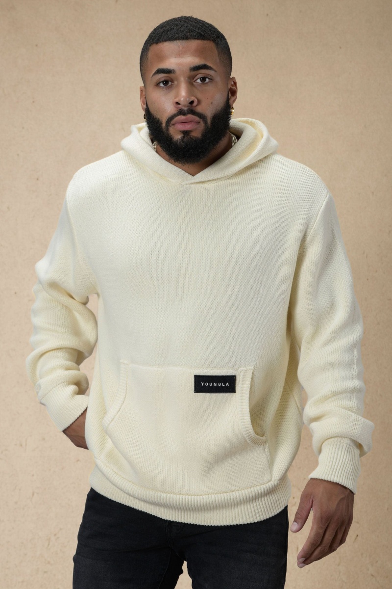 Men\'s YoungLA 547 Mojave Knitteds Hoodie Cream | 532-WNSAPZ