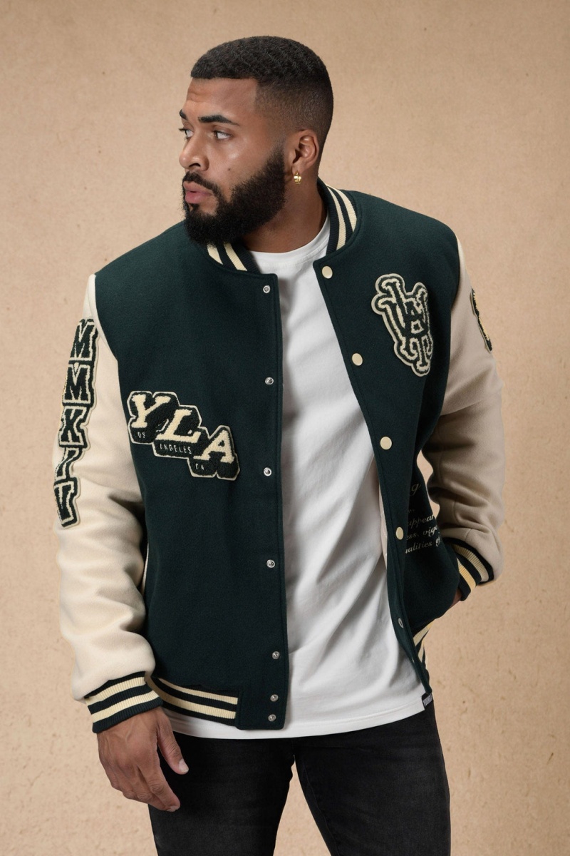 Men\'s YoungLA 550 Lah Letterman Jackets Green | 358-IEAKZF