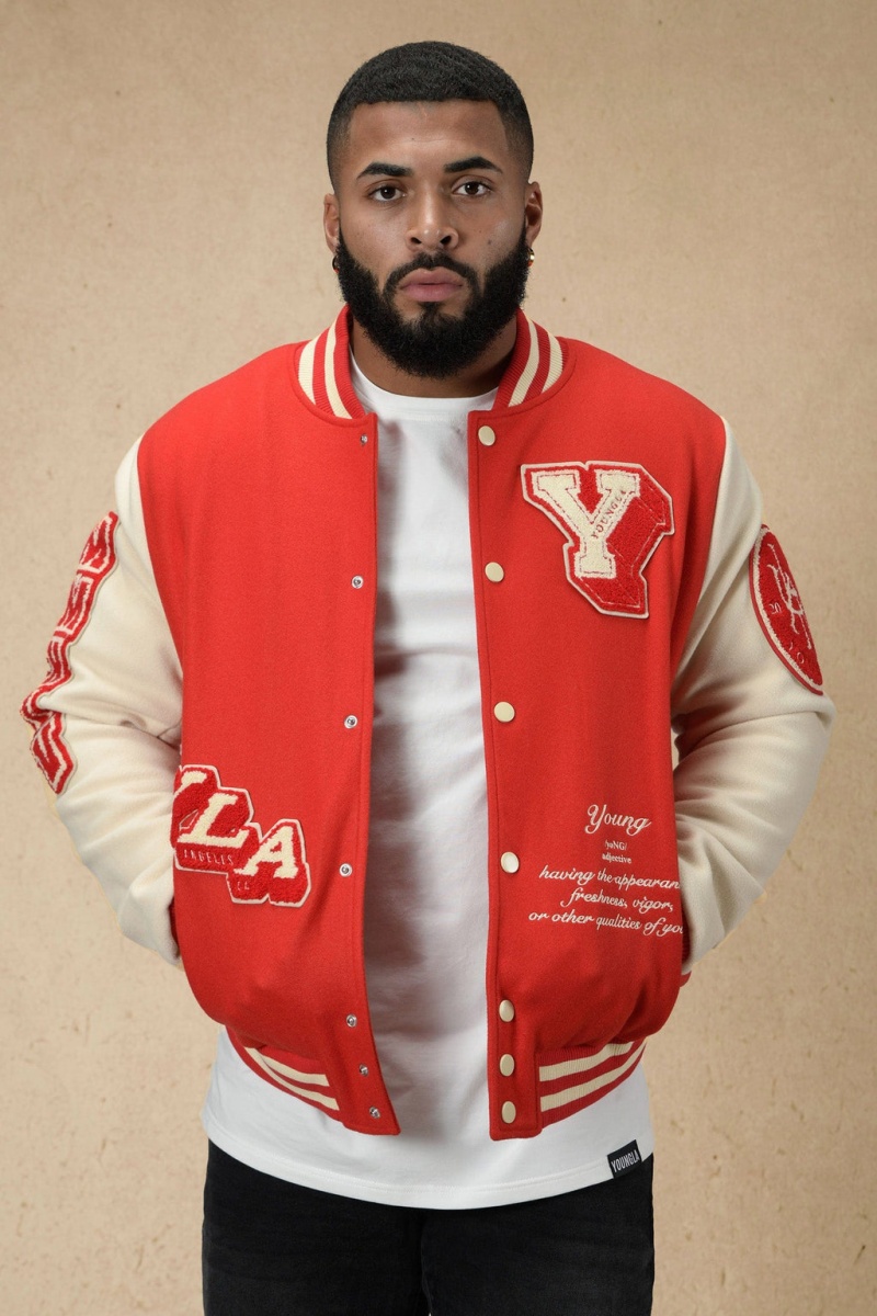 Men\'s YoungLA 550 Lah Letterman Jackets Red | 560-KNLMFU