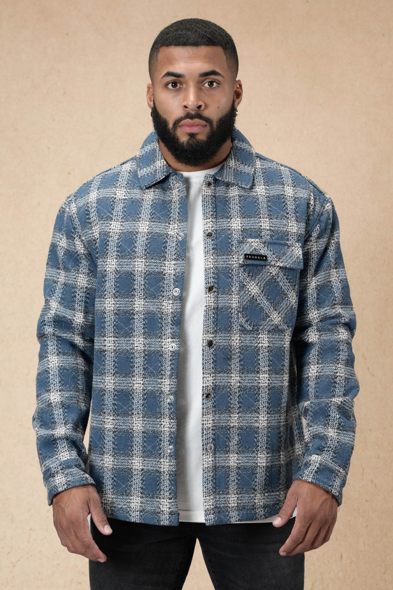 Men\'s YoungLA 556 High Profile Flannel Jacket Jackets Blue | 421-KJHDXE