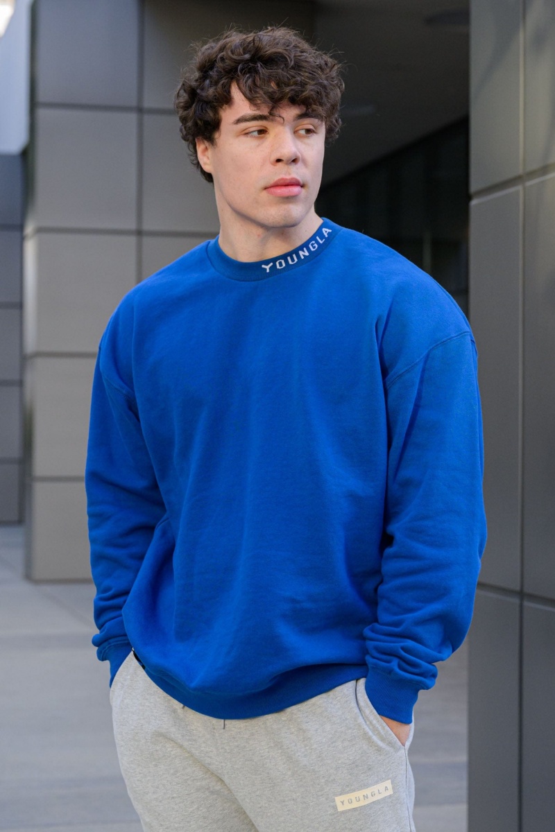 Men\'s YoungLA 557 Trademark Crewnecks Sweatshirt Blue | 901-QVDZWA