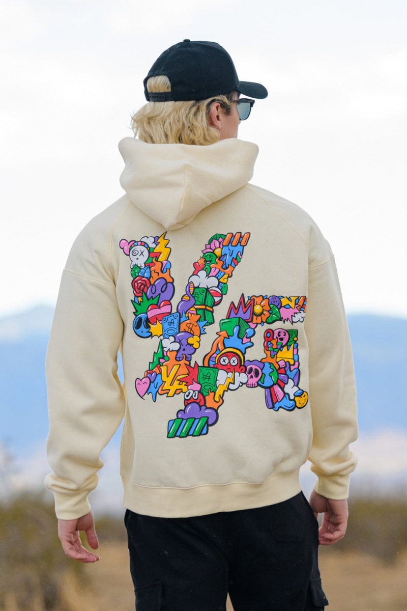 Men's YoungLA 560 Trippy Logos Hoodie Cream | 216-RYZQWK