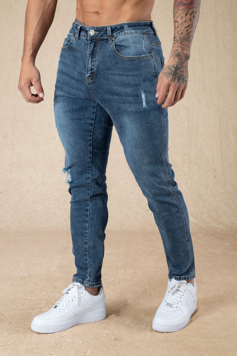 Men\'s YoungLA 607 Tailored Slim Fit Jeans Blue | 590-EOMGAU