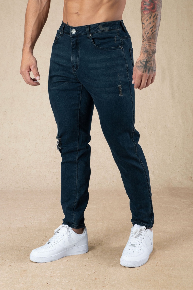 Men\'s YoungLA 607 Tailored Slim Fit Jeans Navy | 506-AKZSUT