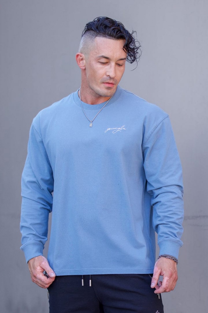 Men\'s YoungLA 805 Essential Longsleeves Sweatshirt Blue | 846-LYEDMQ