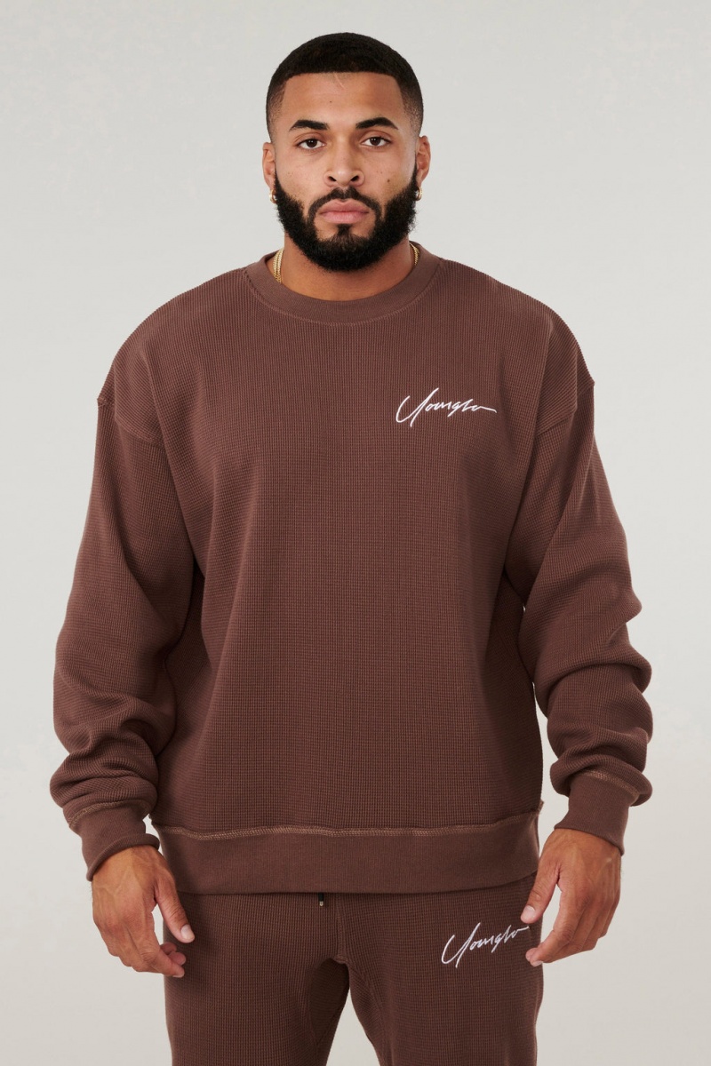 Men\'s YoungLA 807 Cozy Thermal Longsleeves Sweatshirt Chocolate | 905-DCRQNM