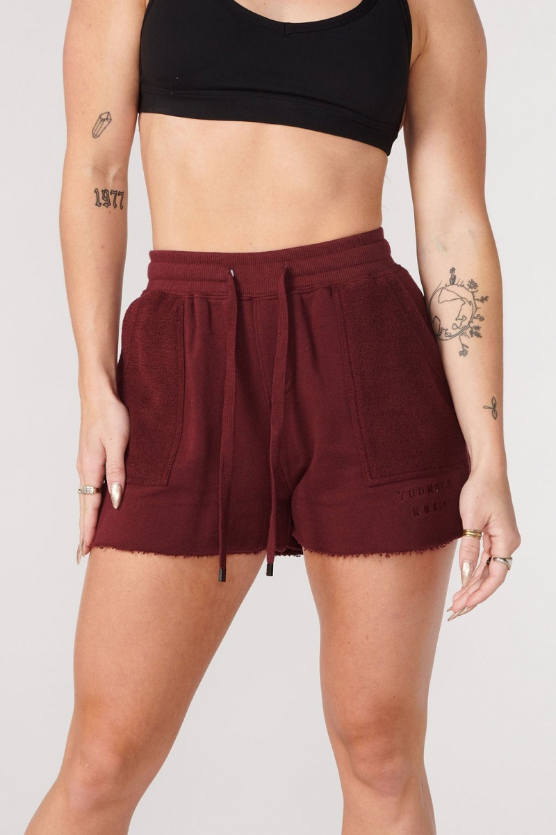 Women\'s YoungLA W114 Reversed Terry Shorts Burgundy | 138-PZRTWG