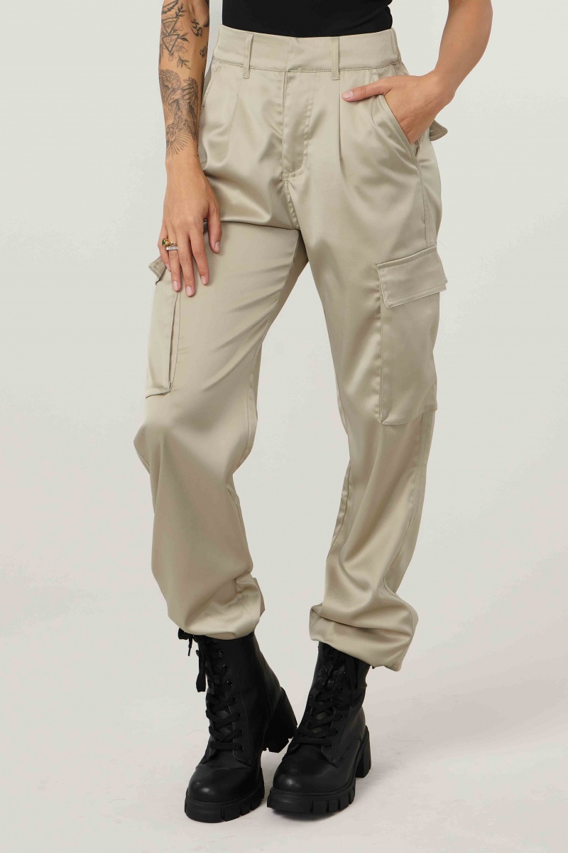 Women\'s YoungLA W217 Gloria Satin Cargo Joggers Beige | 382-OPHYJN