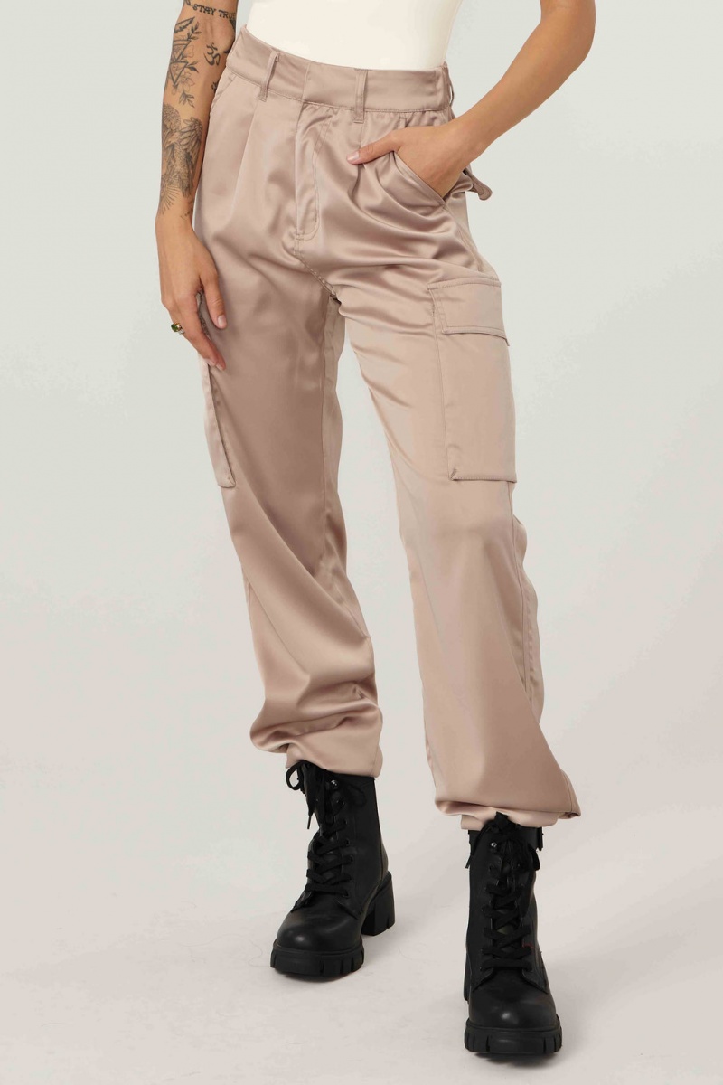 Women\'s YoungLA W217 Gloria Satin Cargo Joggers Khaki | 605-PVJRAS