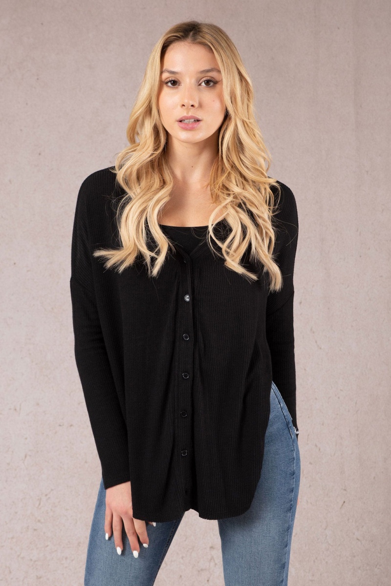 Women\'s YoungLA W415 Café Cardigan Black | 196-HEXUFB